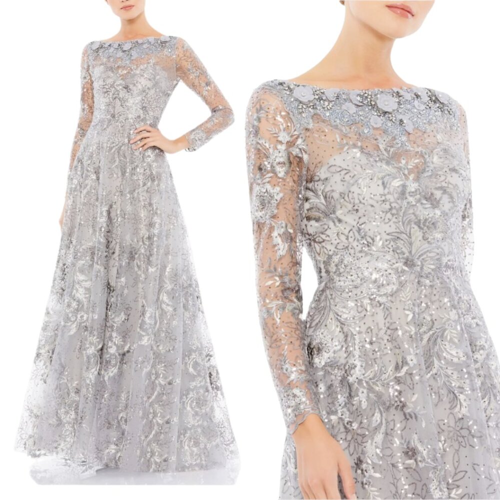 Mac Duggal 67498 Womens Size 8 Gray Silver Floral Long Sleeve‎ Gown Maxi Dress
